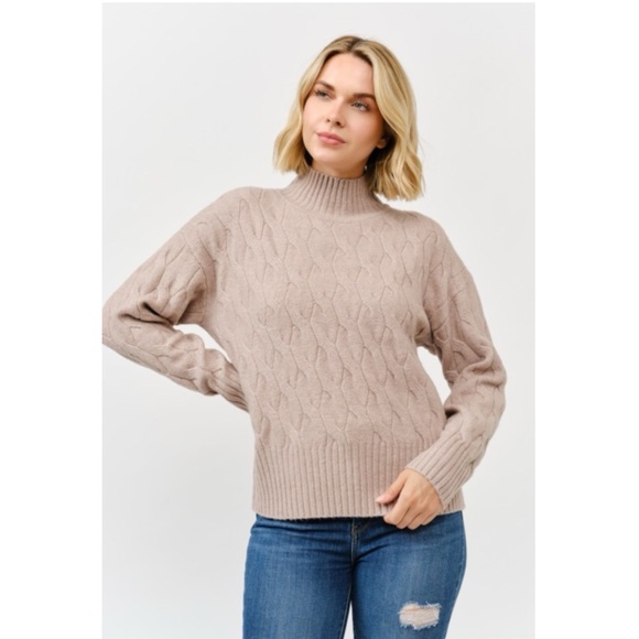 1038 • Taupe Cableknit Mock Neck Pullover Sweater - Picture 1 of 6